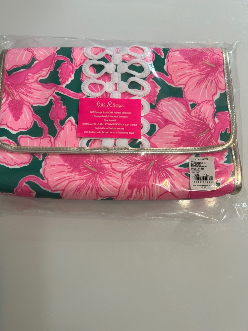 Lilly Pulitzer Pink Floral Fold-Over Clutch with Kelly Green Hibis KISS Print